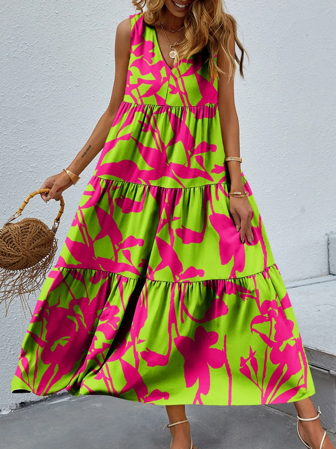 🌼 Tiered Printed V-Neck Sleeveless Dress 🌼