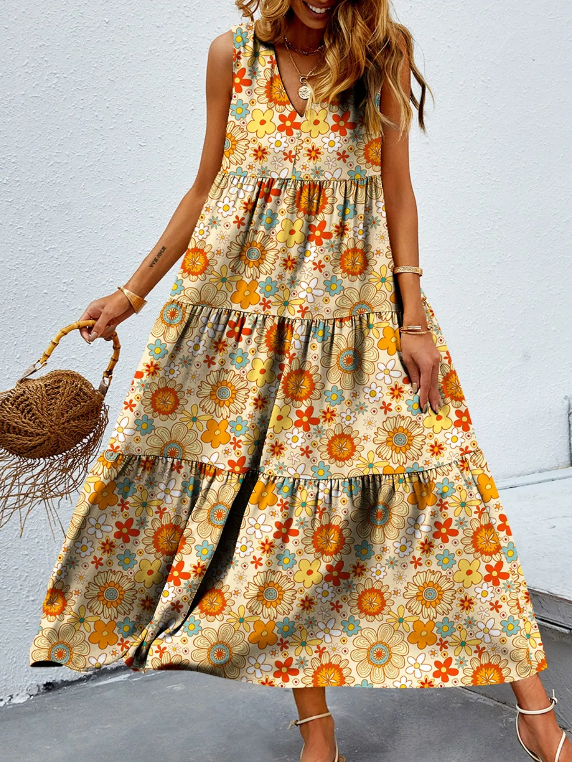 🌼 Tiered Printed V-Neck Sleeveless Dress 🌼