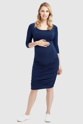 3/4 Sleeve Maternity Ruched Dress - Navy