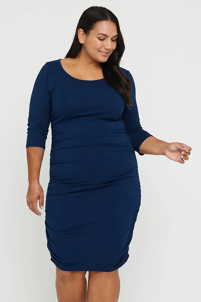 3/4 Sleeve Ruched Dress - Navy