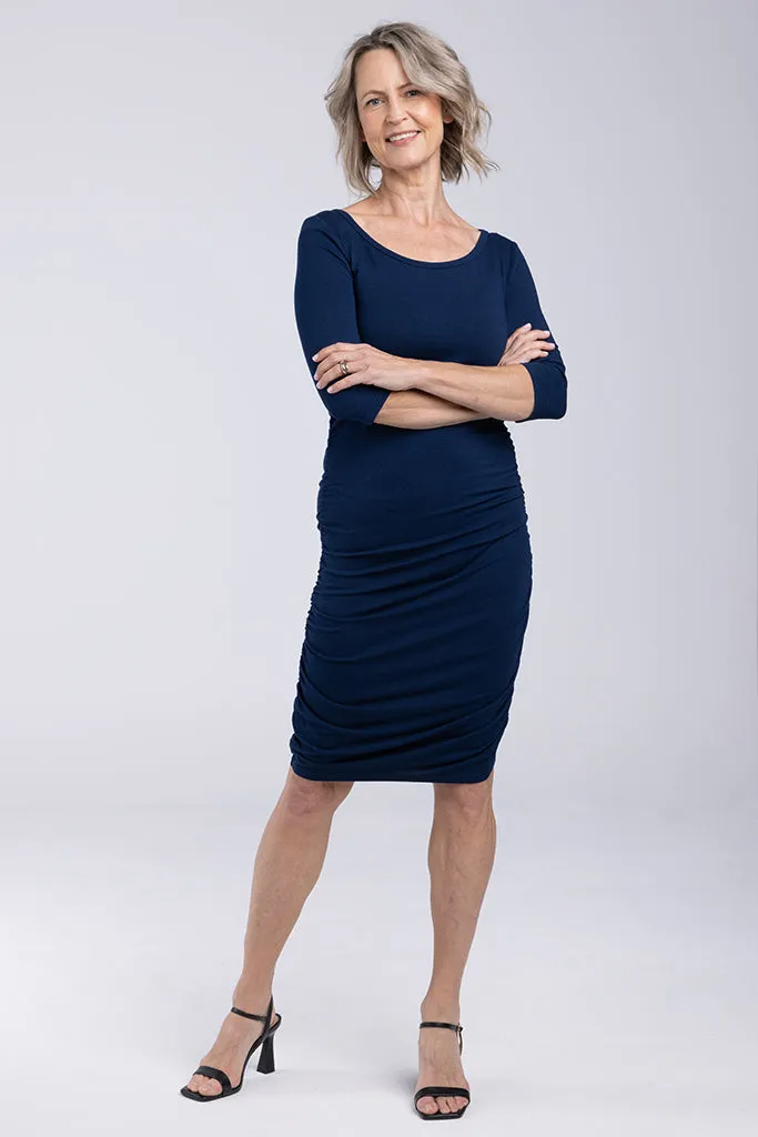 3/4 Sleeve Ruched Dress - Navy