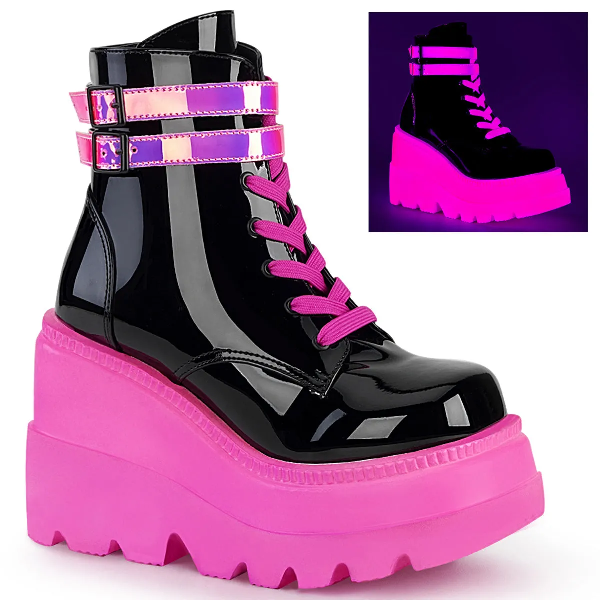 4 Inch Wedge SHAKER-52 Black Patent UV Neon Pink