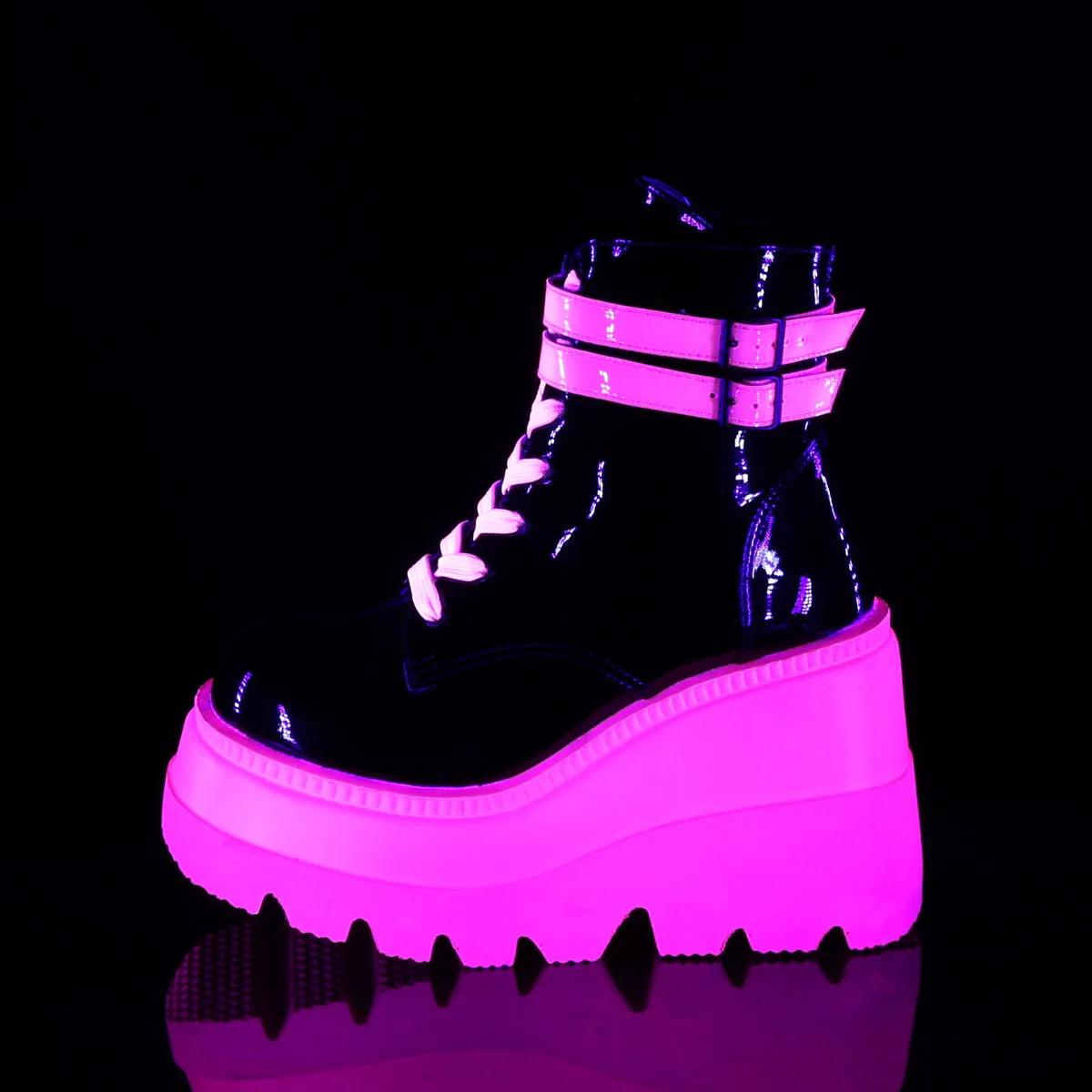 4 Inch Wedge SHAKER-52 Black Patent UV Neon Pink