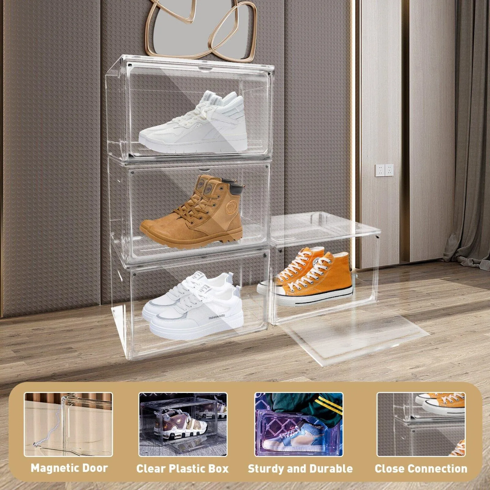 4 Packs Magnetic Stackable Shoe Storage Box Sneaker Container PET Display