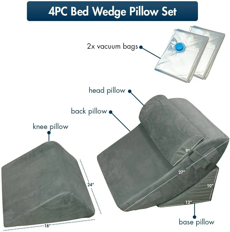 4PC Bed Wedge Pillow with Memory Foam - for Post Surgery and Pain Relief for Neck, Shoulder, Back, Legs, and Arm - Adjustable Positions