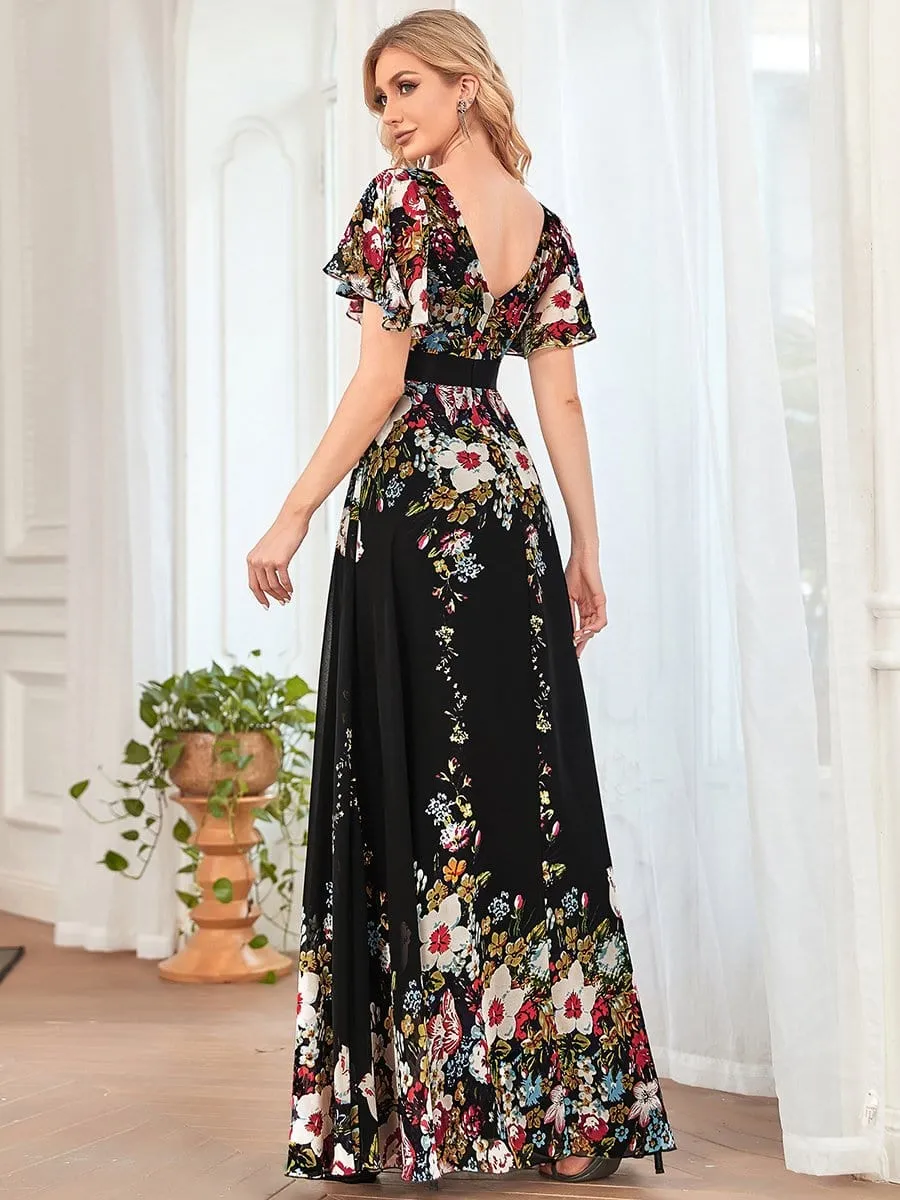 A-Line V-Neck Sheer Flutter Sleeve Maxi Evening Dress