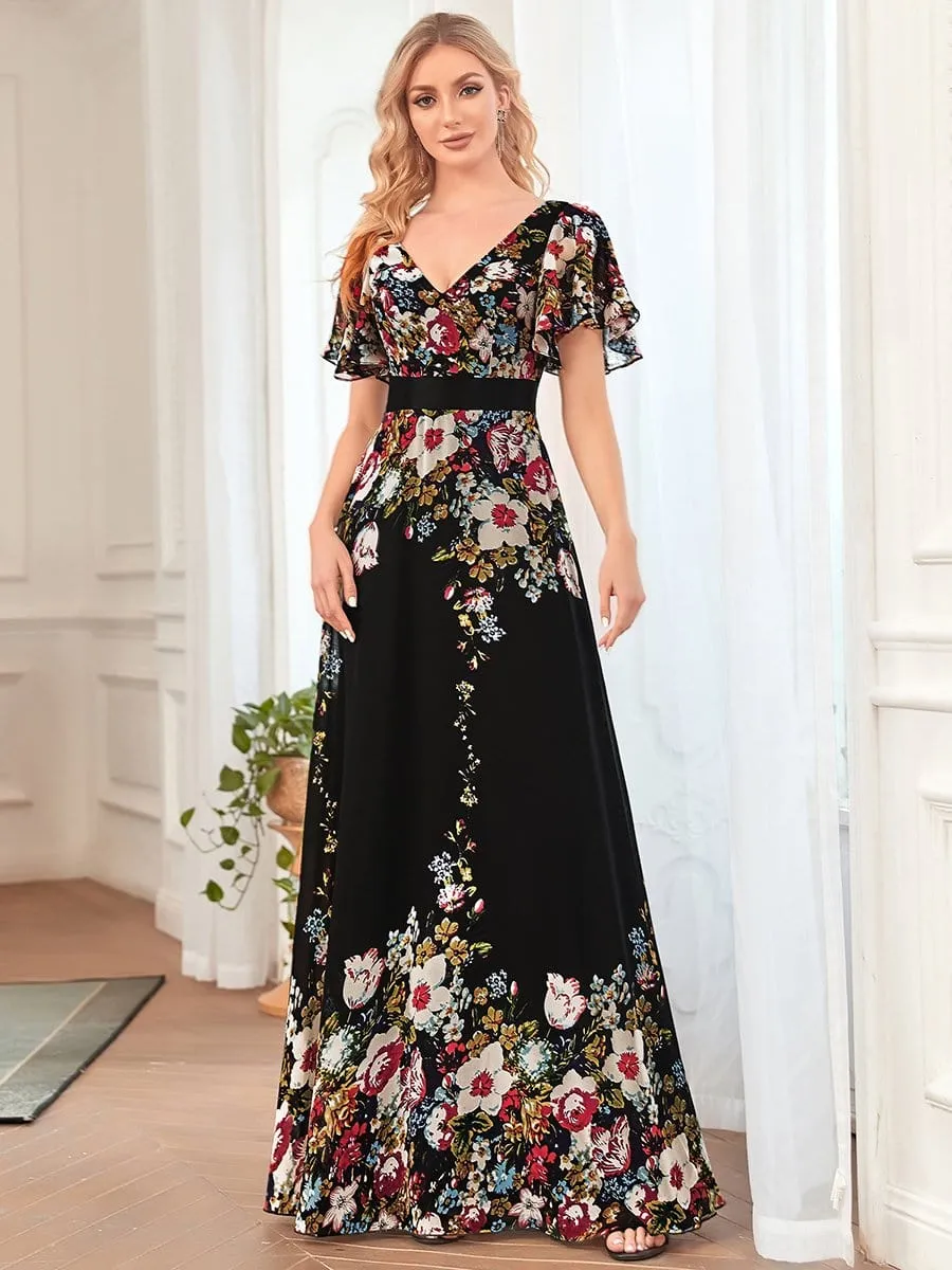 A-Line V-Neck Sheer Flutter Sleeve Maxi Evening Dress