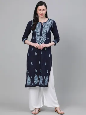 ADA Women Blue Chikankari Hand Embroidered Cotton Straight Sustainable Handloom Kurta