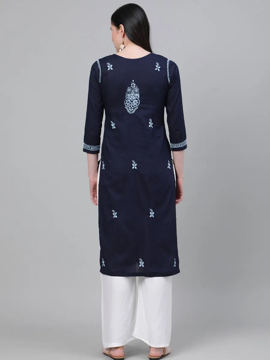 ADA Women Blue Chikankari Hand Embroidered Cotton Straight Sustainable Handloom Kurta