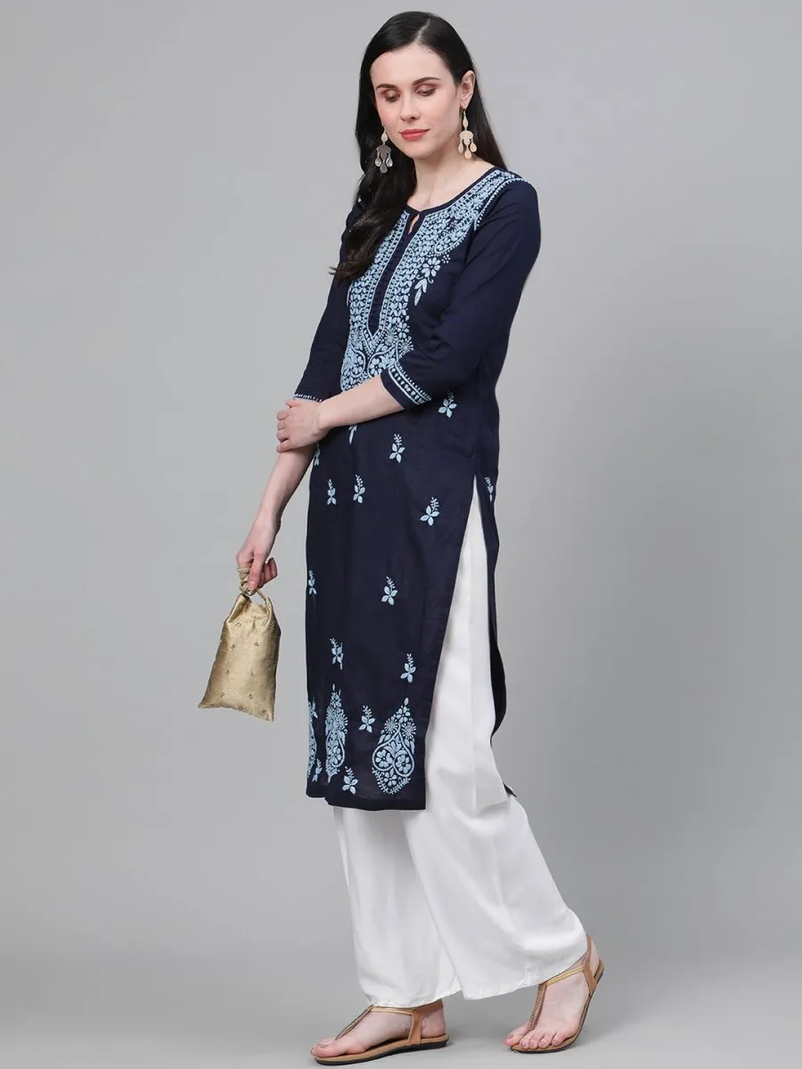 ADA Women Blue Chikankari Hand Embroidered Cotton Straight Sustainable Handloom Kurta