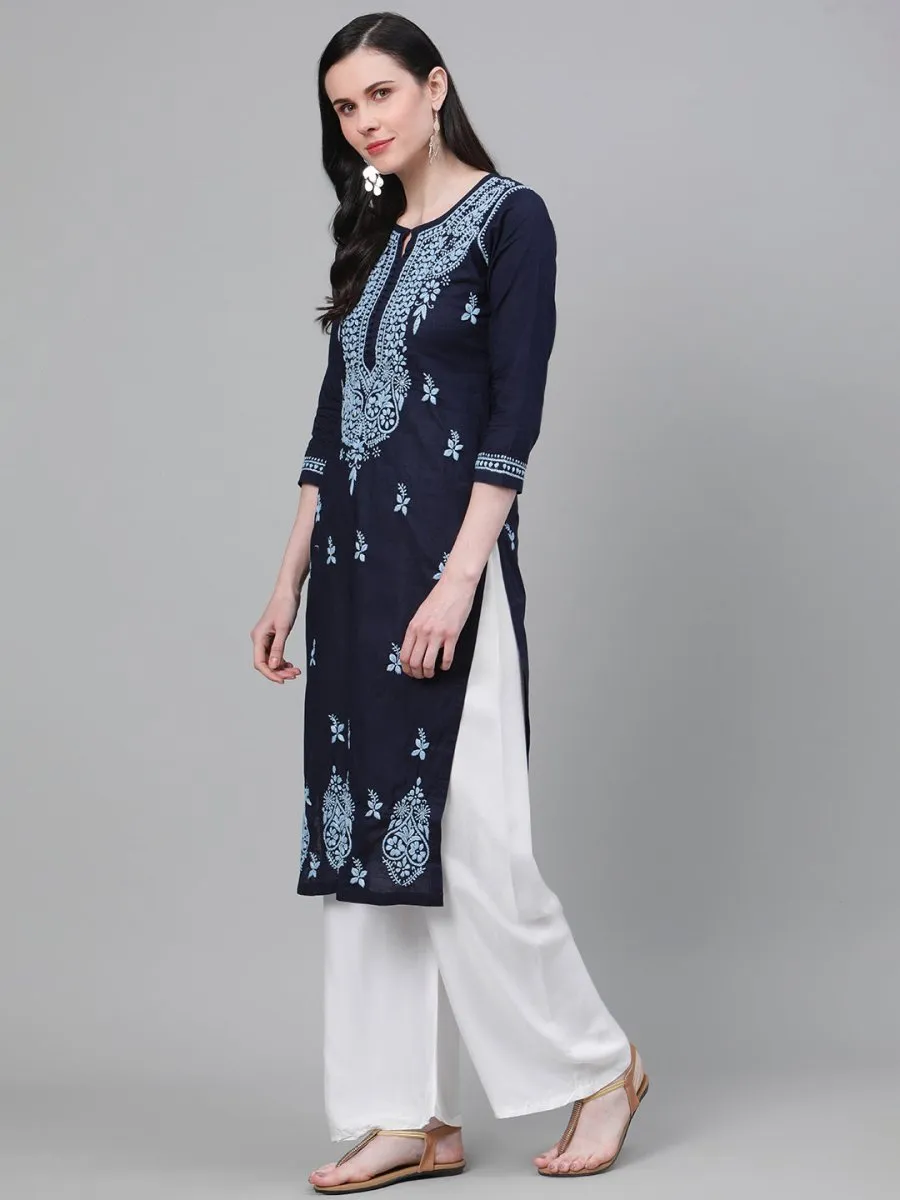 ADA Women Blue Chikankari Hand Embroidered Cotton Straight Sustainable Handloom Kurta