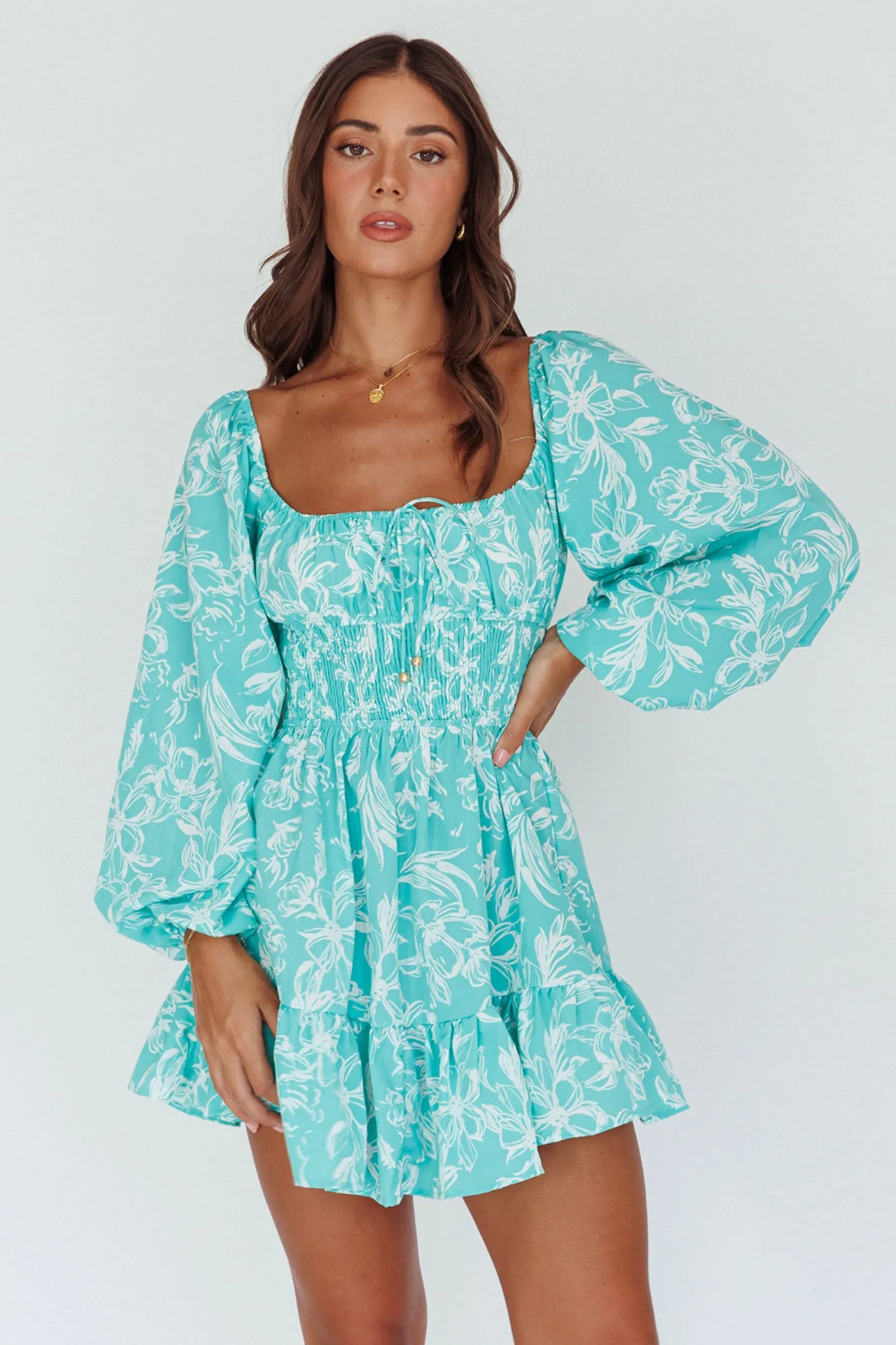 Amilie Shirred Long Sleeve Dress Floral Green