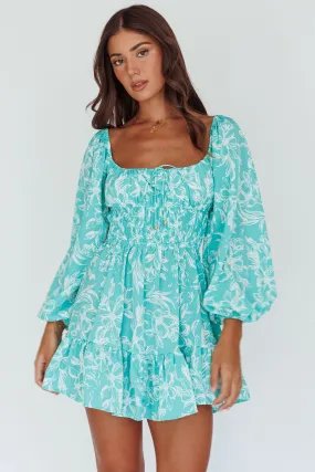 Amilie Shirred Long Sleeve Dress Floral Green