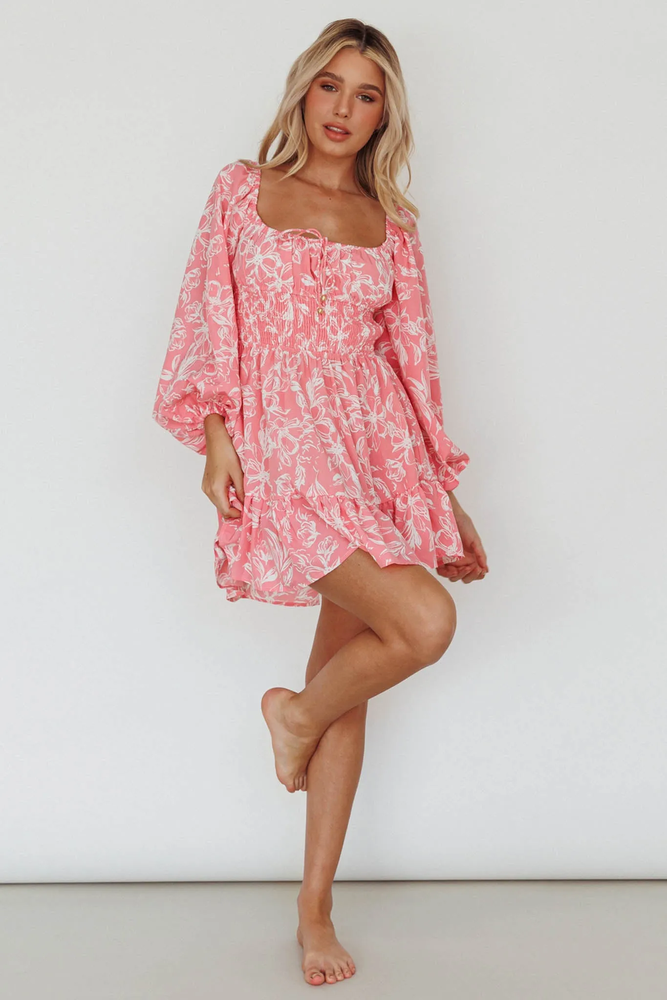 Amilie Shirred Long Sleeve Dress Floral Pink