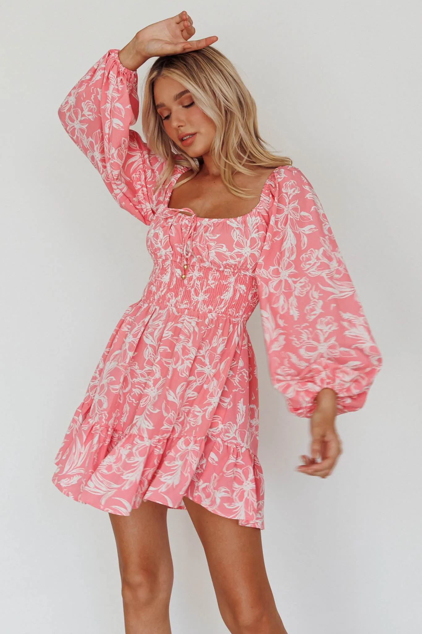 Amilie Shirred Long Sleeve Dress Floral Pink