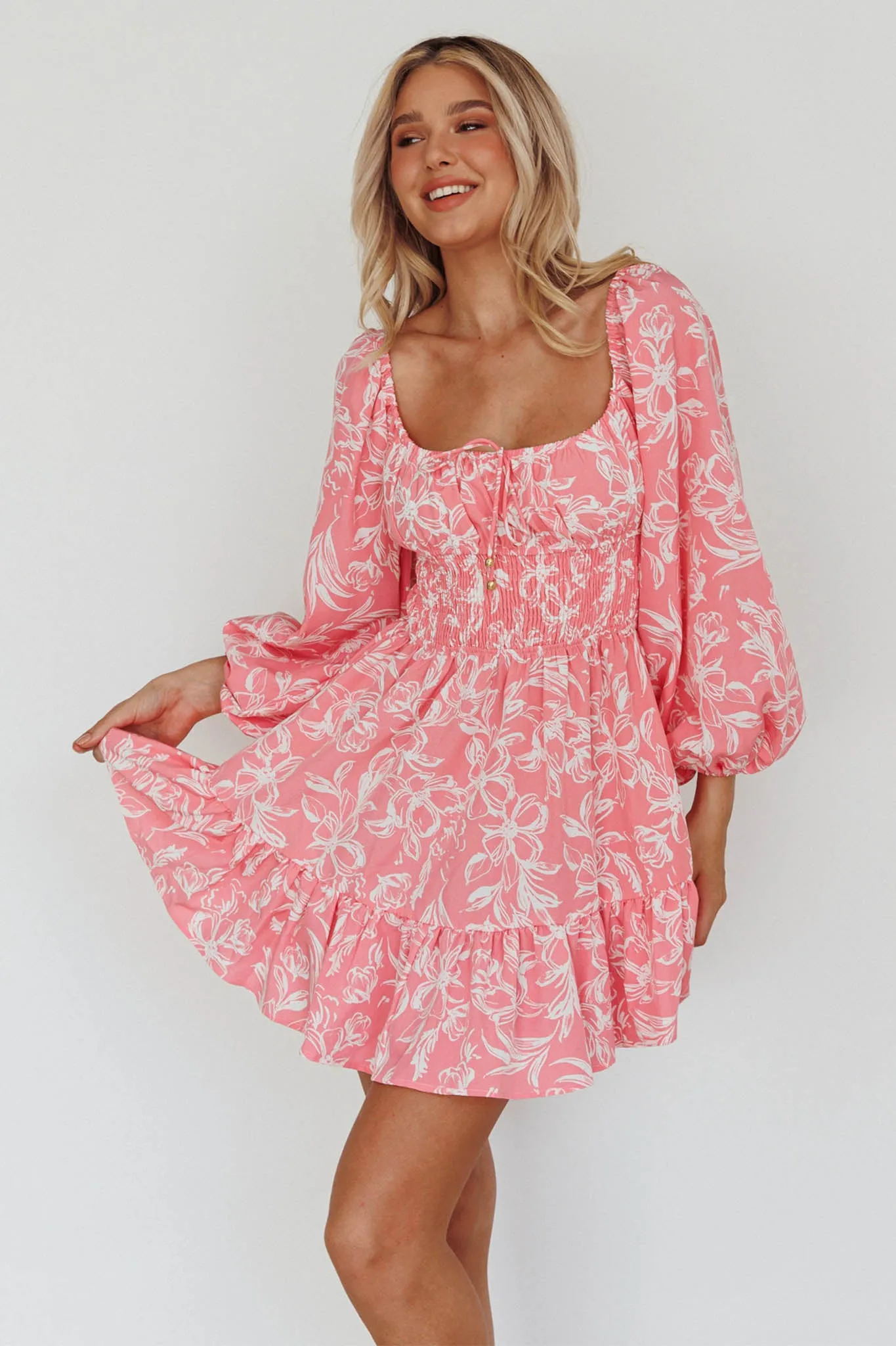 Amilie Shirred Long Sleeve Dress Floral Pink