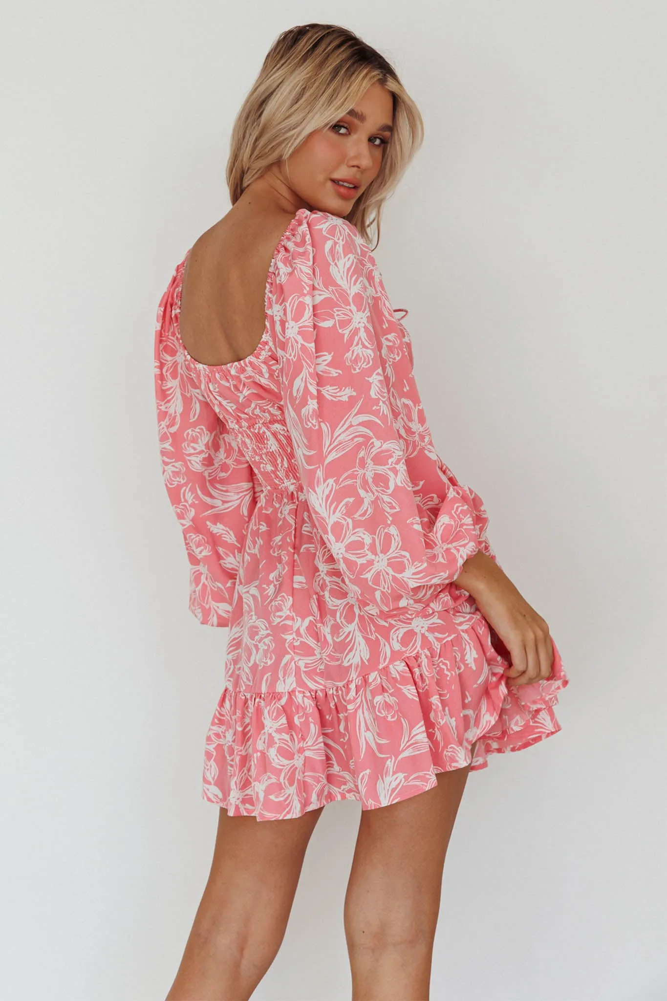 Amilie Shirred Long Sleeve Dress Floral Pink