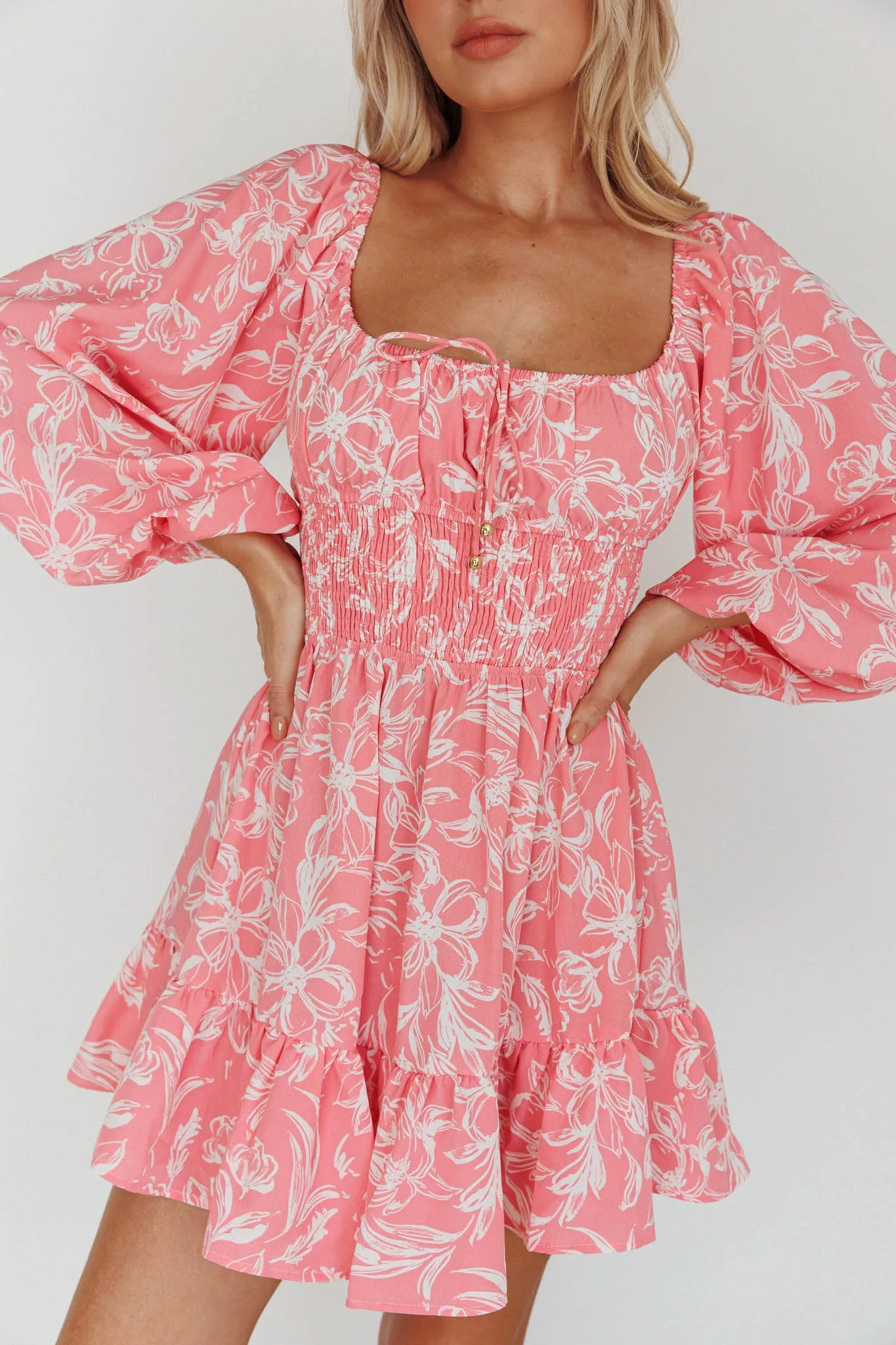 Amilie Shirred Long Sleeve Dress Floral Pink