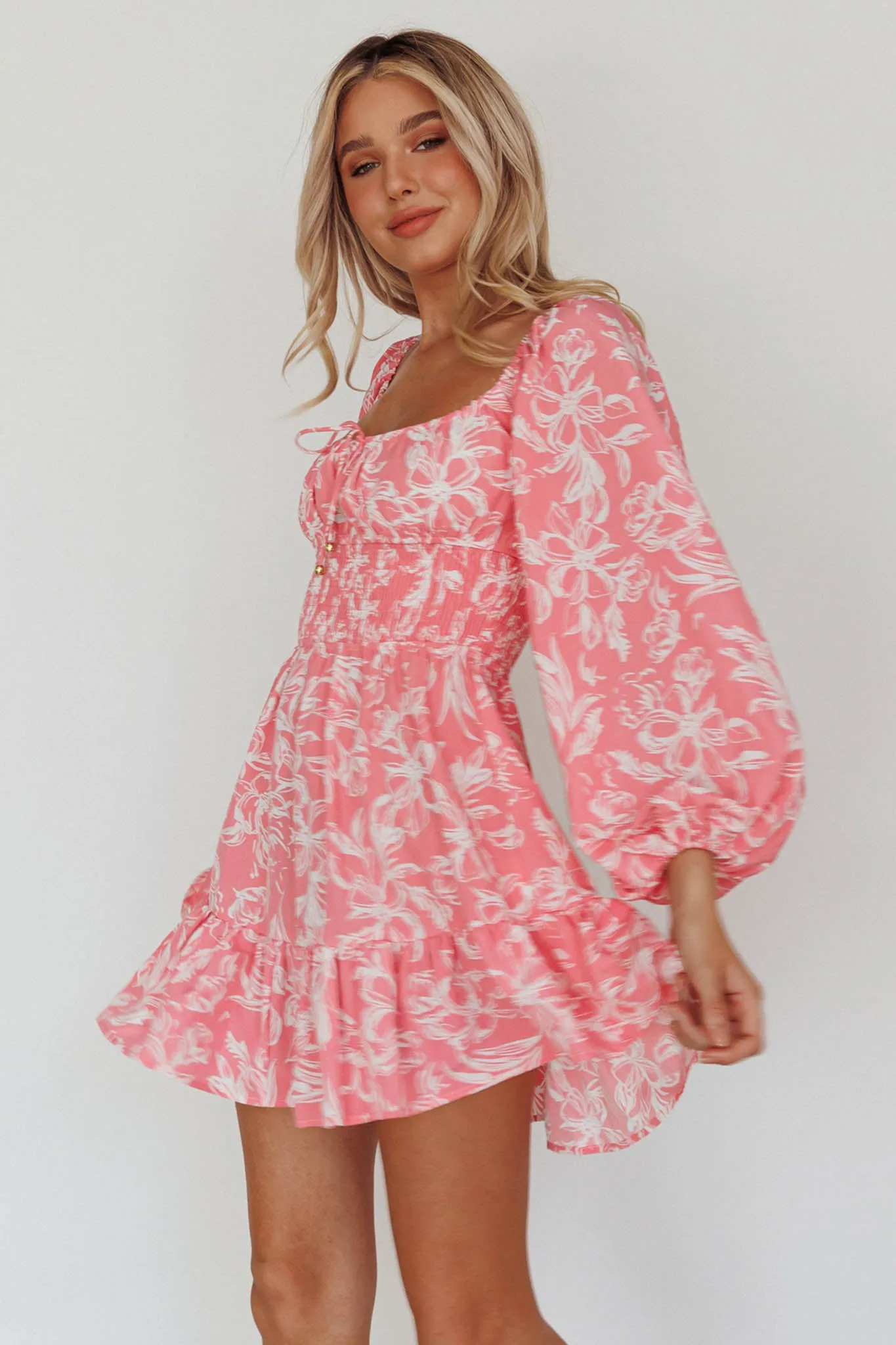 Amilie Shirred Long Sleeve Dress Floral Pink