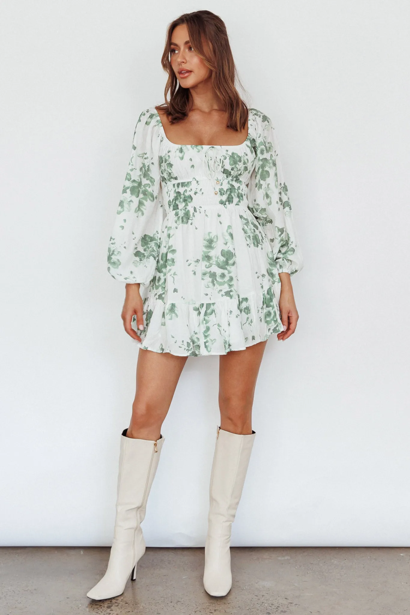 Amilie Shirred Long Sleeve Dress Floral White/Olive