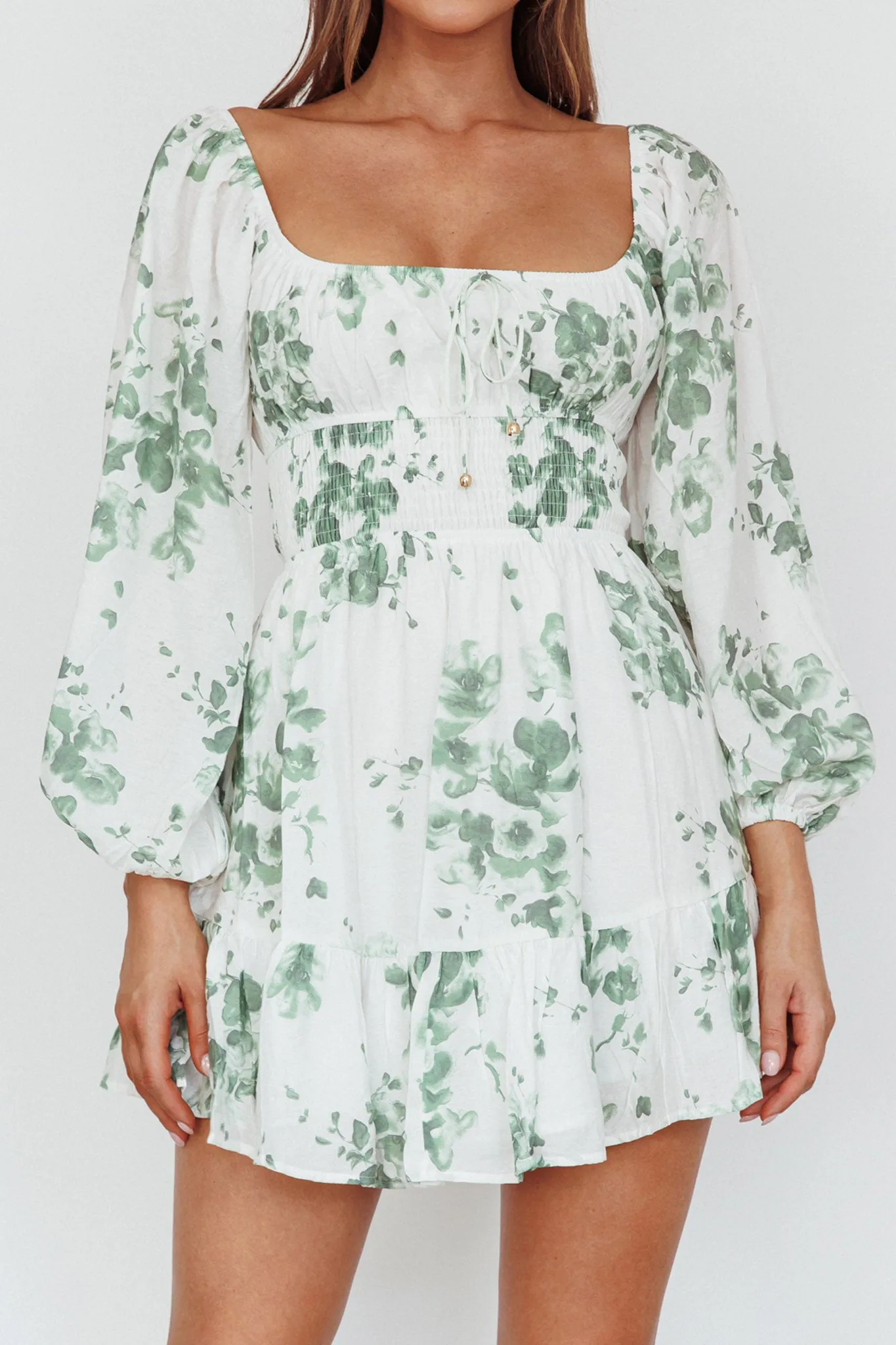 Amilie Shirred Long Sleeve Dress Floral White/Olive