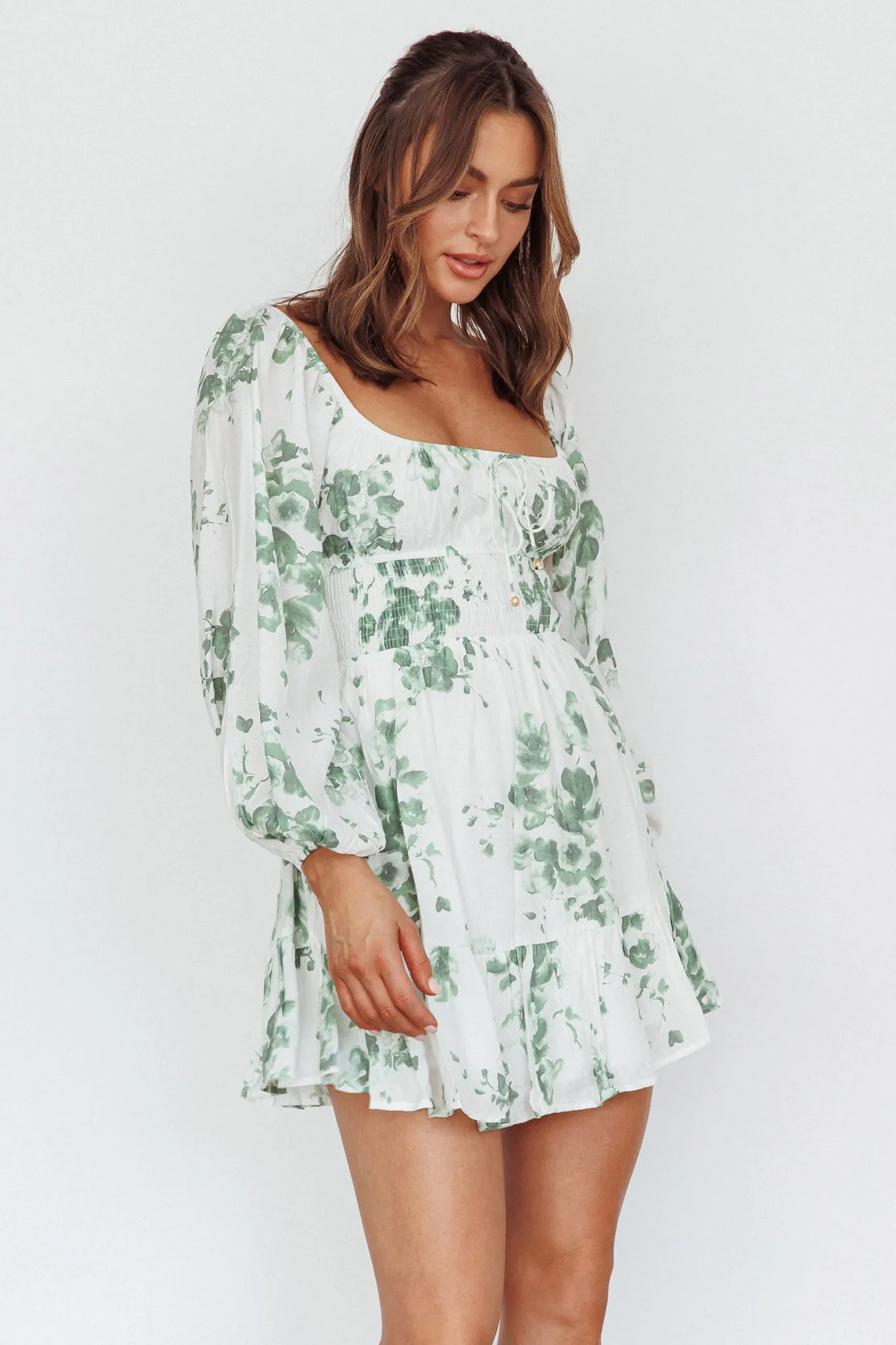 Amilie Shirred Long Sleeve Dress Floral White/Olive