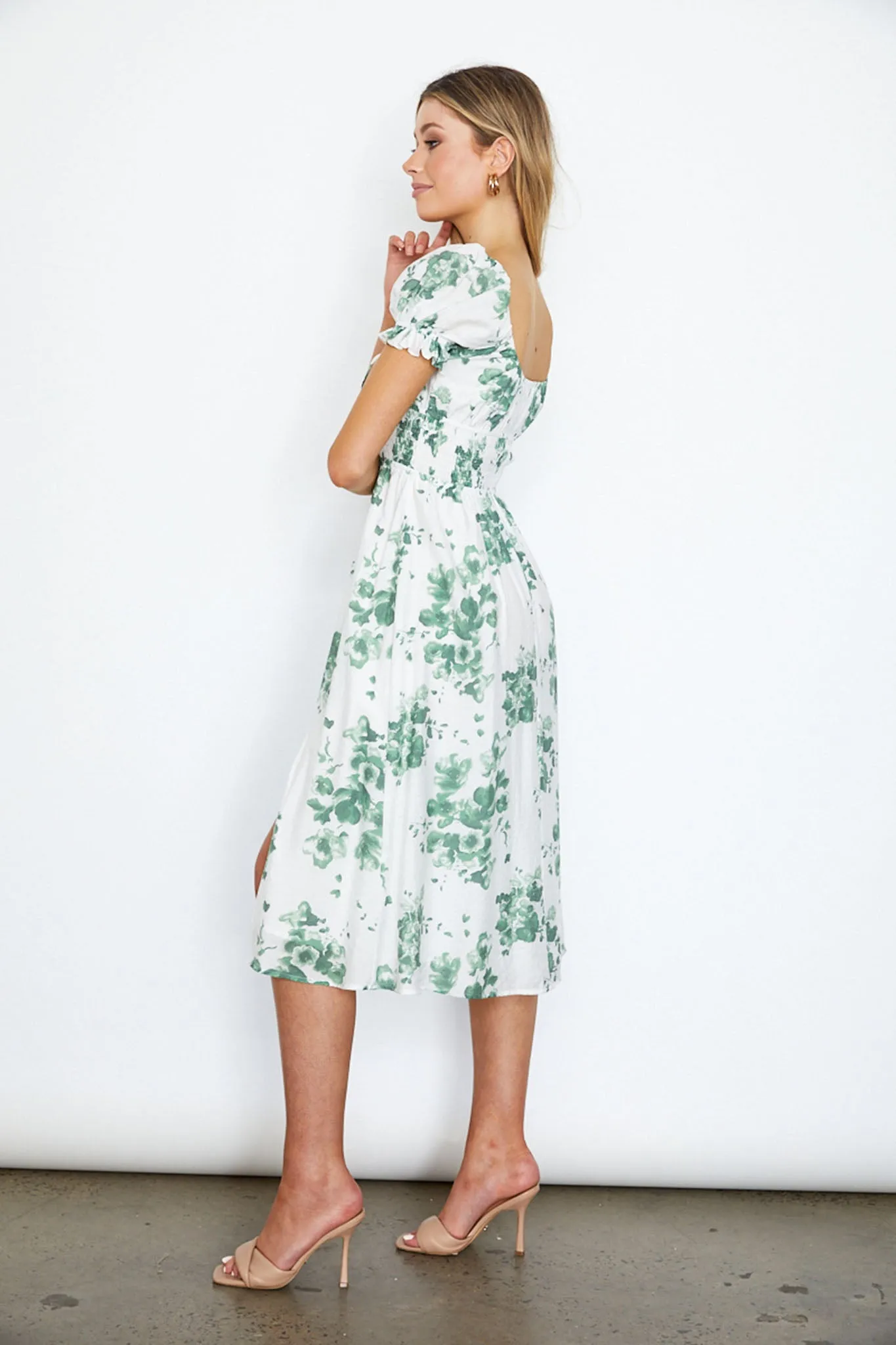 Amilie Shirred Waist Midi Dress Floral Print White/Olive