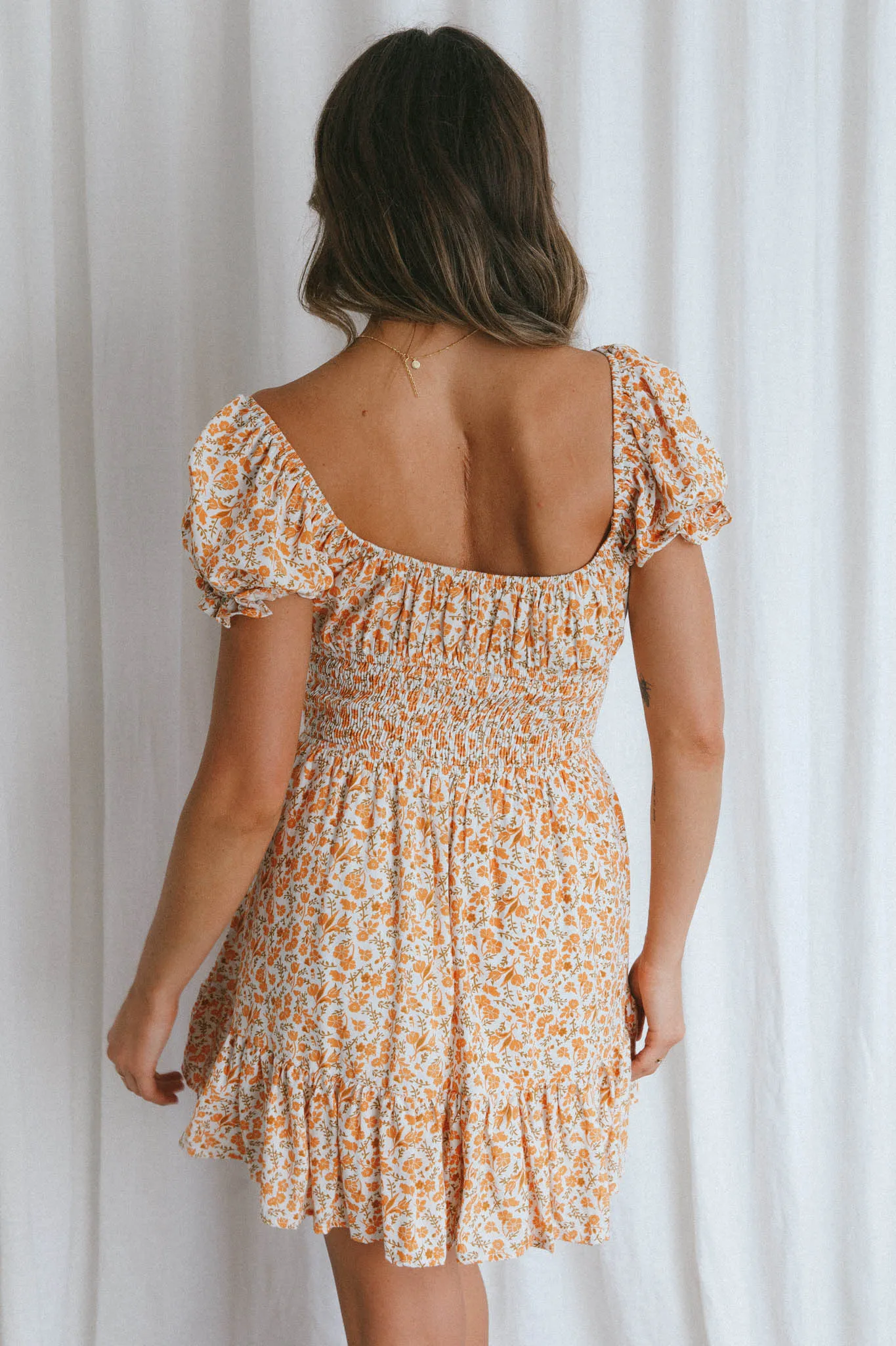 Amilie Shirred Waist Sundress Dainty Floral Mustard