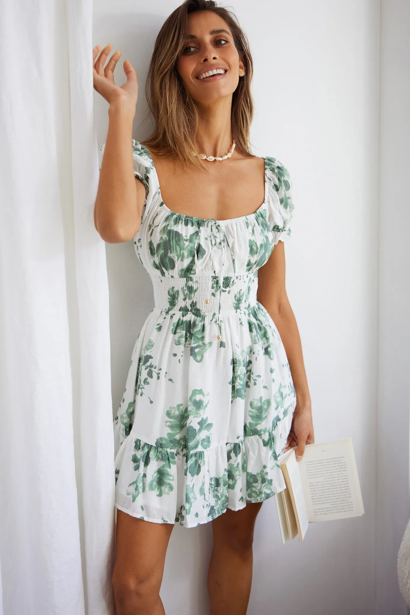 Amilie Shirred Waist Sundress Floral Print White/Olive