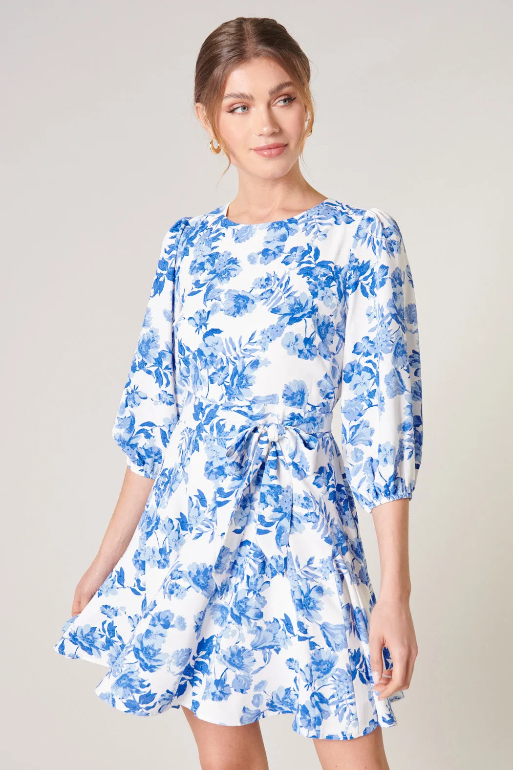 Antoinette Blue Floral Balloon Sleeve Derby Dress