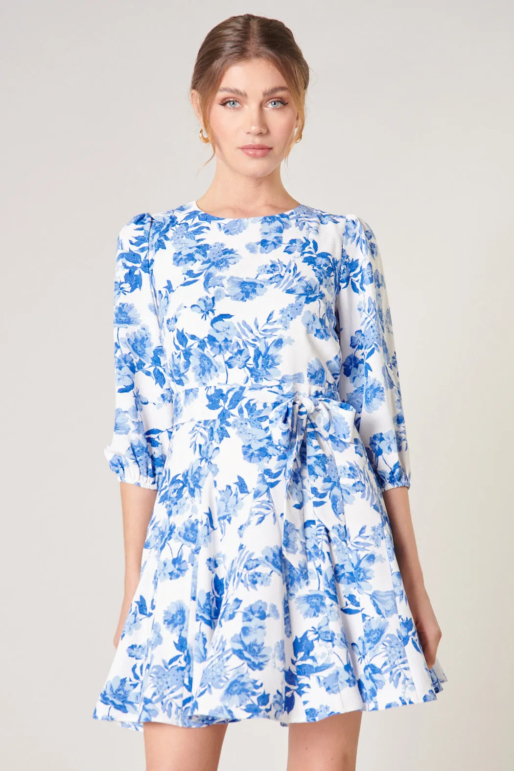 Antoinette Blue Floral Balloon Sleeve Derby Dress