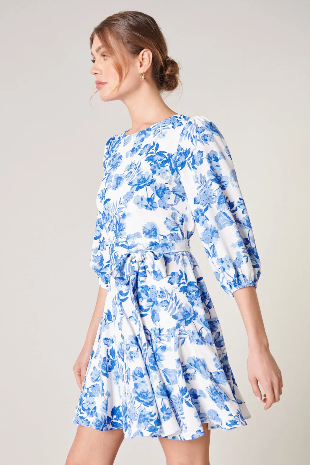 Antoinette Blue Floral Balloon Sleeve Derby Dress