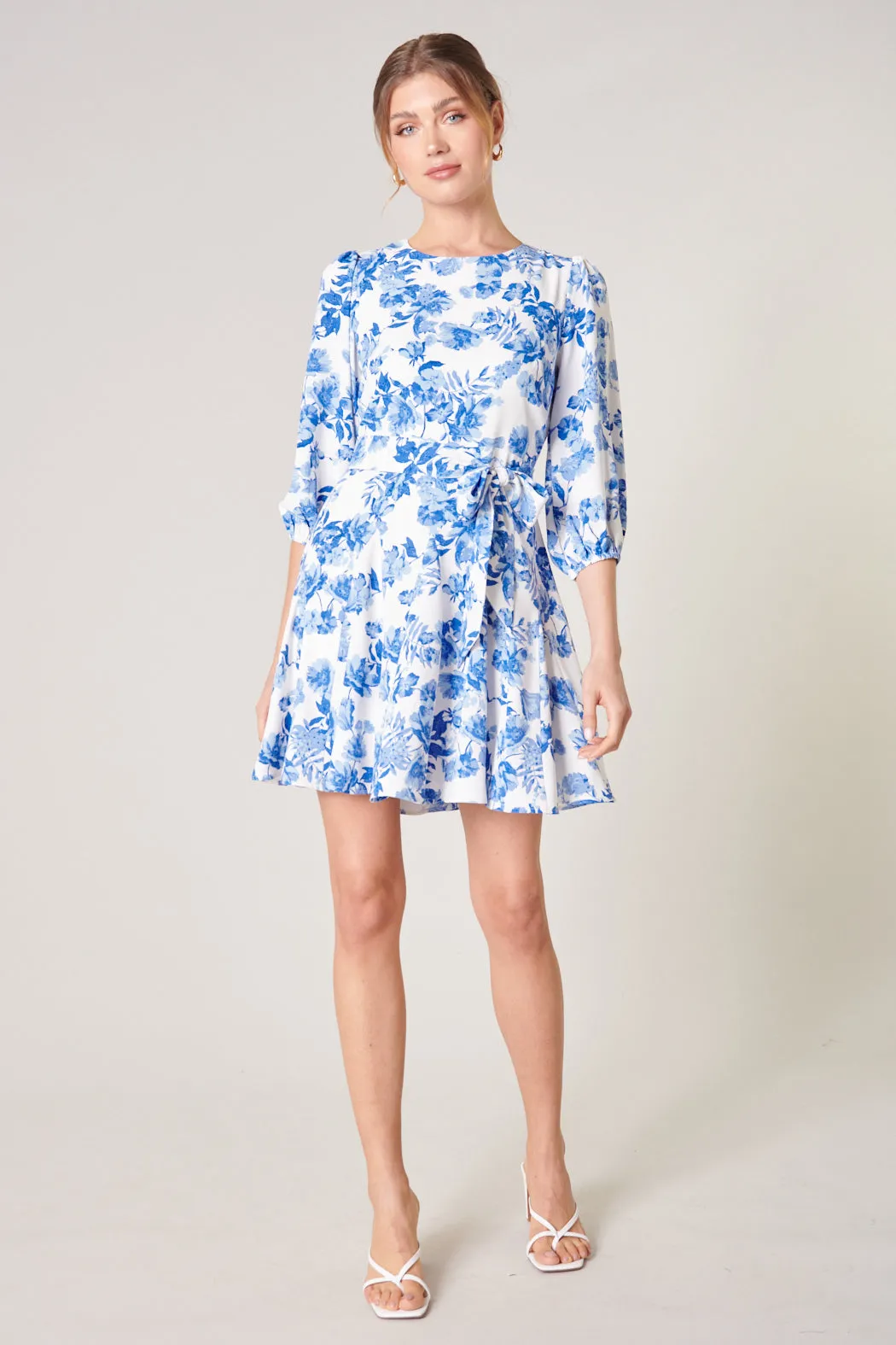 Antoinette Blue Floral Balloon Sleeve Derby Dress