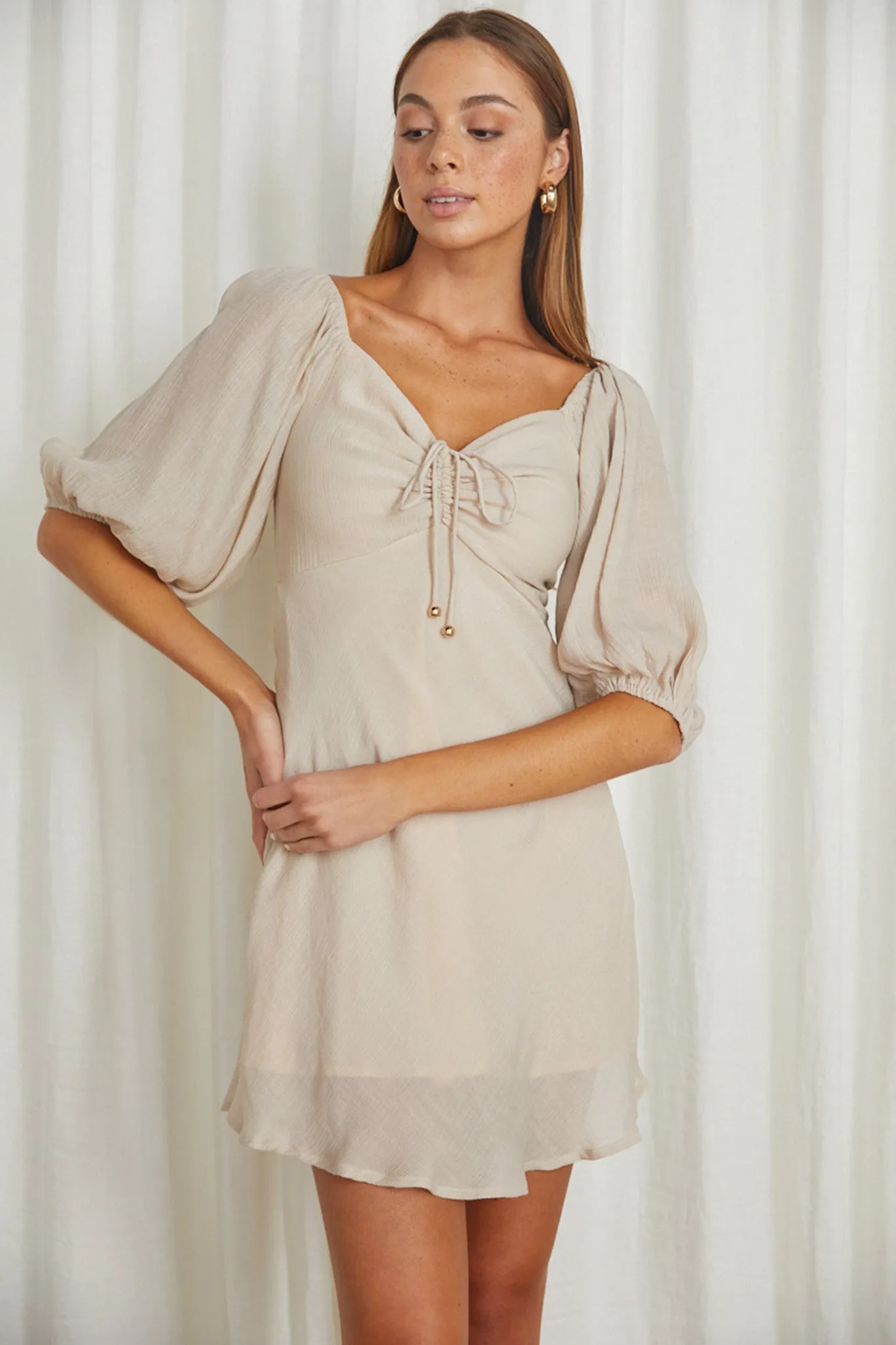 Avaline Drawstring Bust Mini Dress Beige