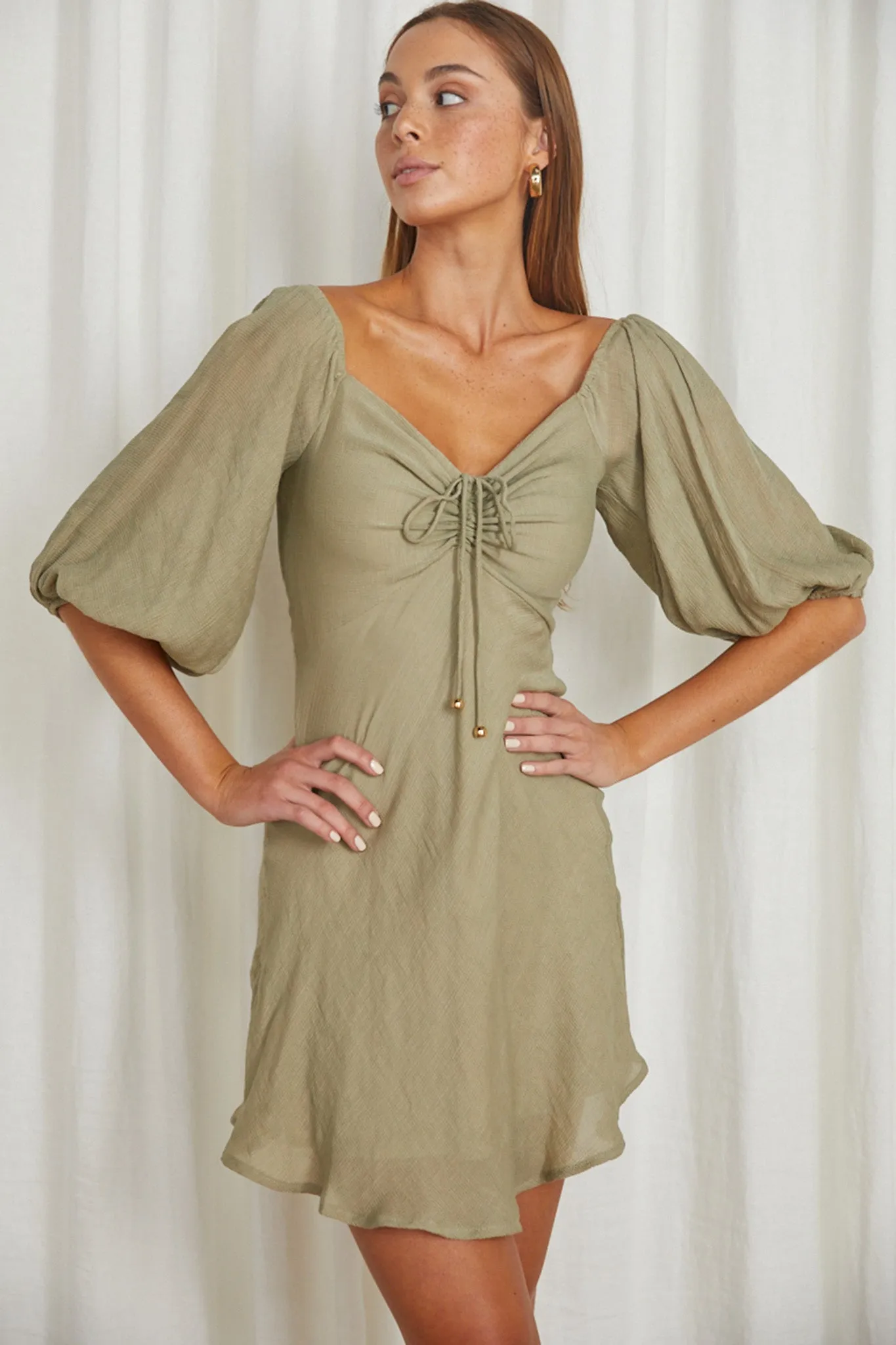 Avaline Drawstring Bust Mini Dress Olive