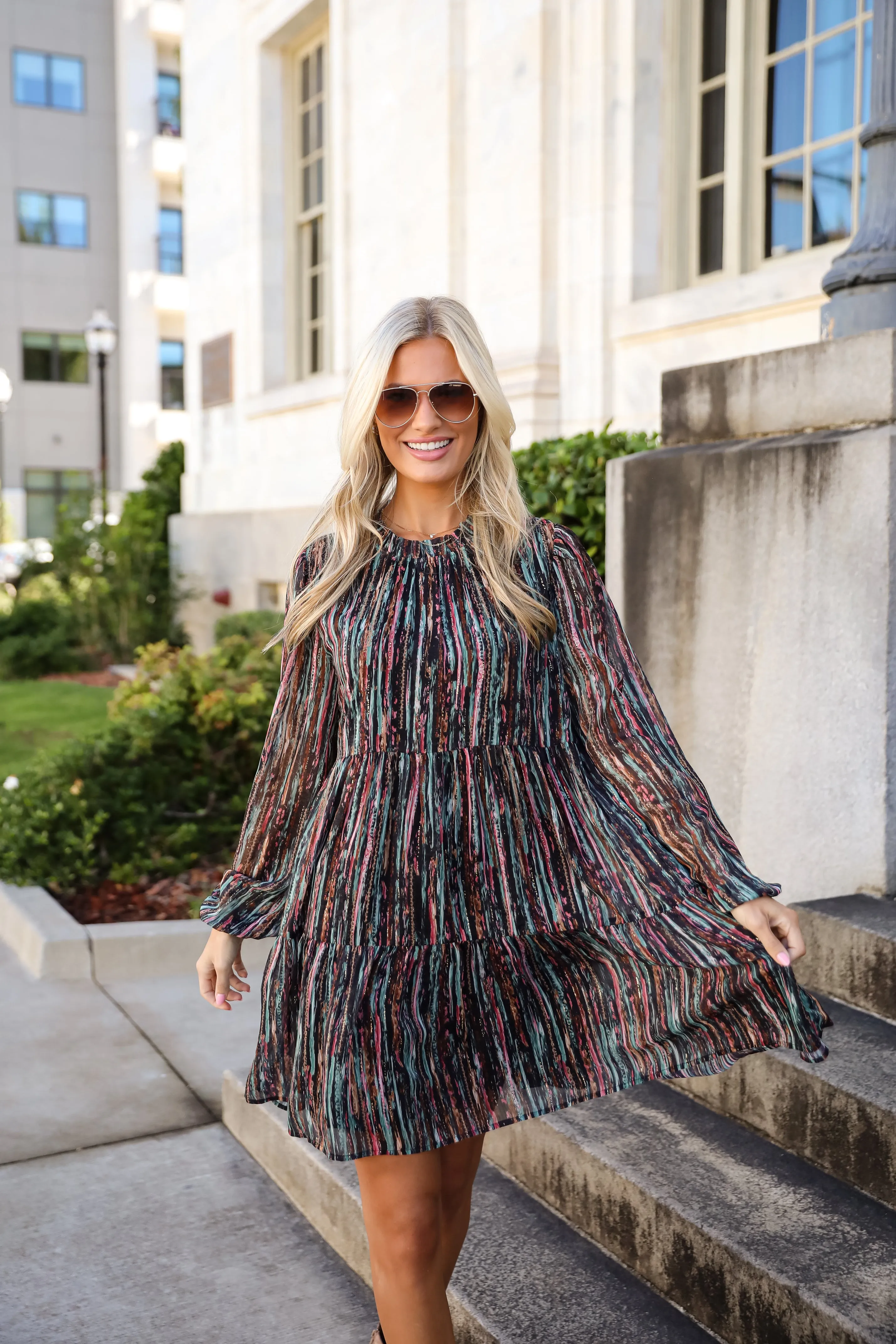 Beautifully Poised Black Striped Tiered Mini Dress