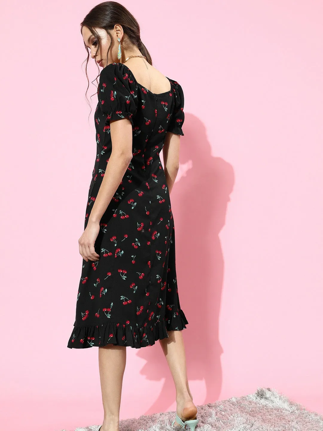 Berrylush Women Black & Red Cherry Printed Sweetheart Neck Crepe Ruffled A-Line Midi Dress