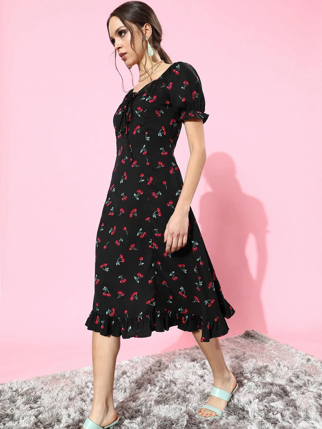 Berrylush Women Black & Red Cherry Printed Sweetheart Neck Crepe Ruffled A-Line Midi Dress