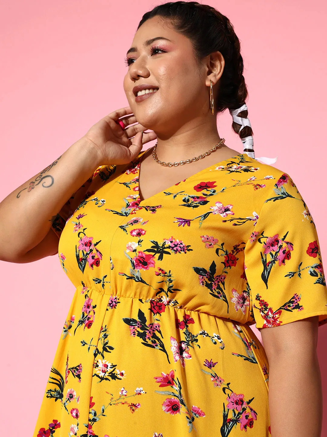 Berrylush Women Plus Size Yellow & Pink Floral Printed V-Neck Crepe Front-Slit Flared A-Line Maxi Dress