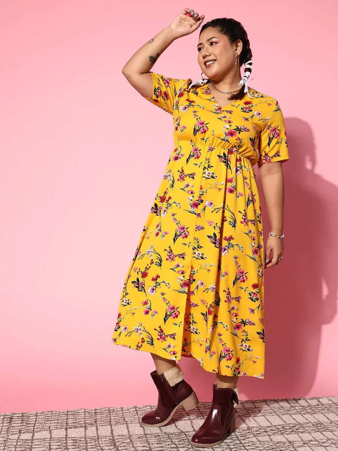 Berrylush Women Plus Size Yellow & Pink Floral Printed V-Neck Crepe Front-Slit Flared A-Line Maxi Dress