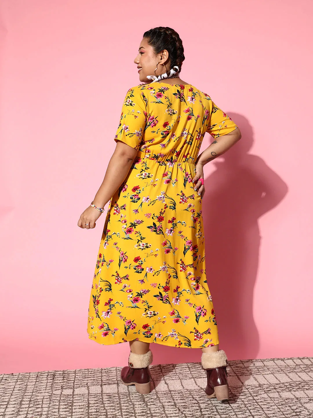 Berrylush Women Plus Size Yellow & Pink Floral Printed V-Neck Crepe Front-Slit Flared A-Line Maxi Dress