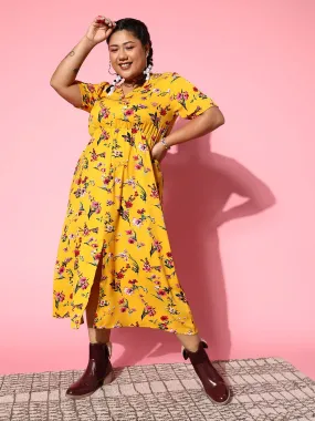 Berrylush Women Plus Size Yellow & Pink Floral Printed V-Neck Crepe Front-Slit Flared A-Line Maxi Dress