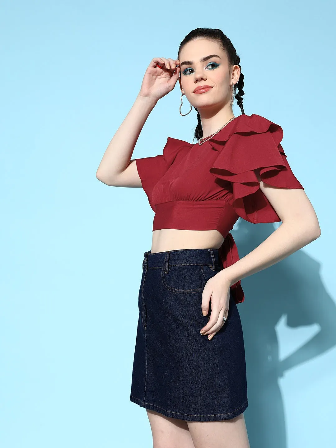 Berrylush Women Solid Red Round Neck Waist Tie-Up Crepe Blouson Crop Top