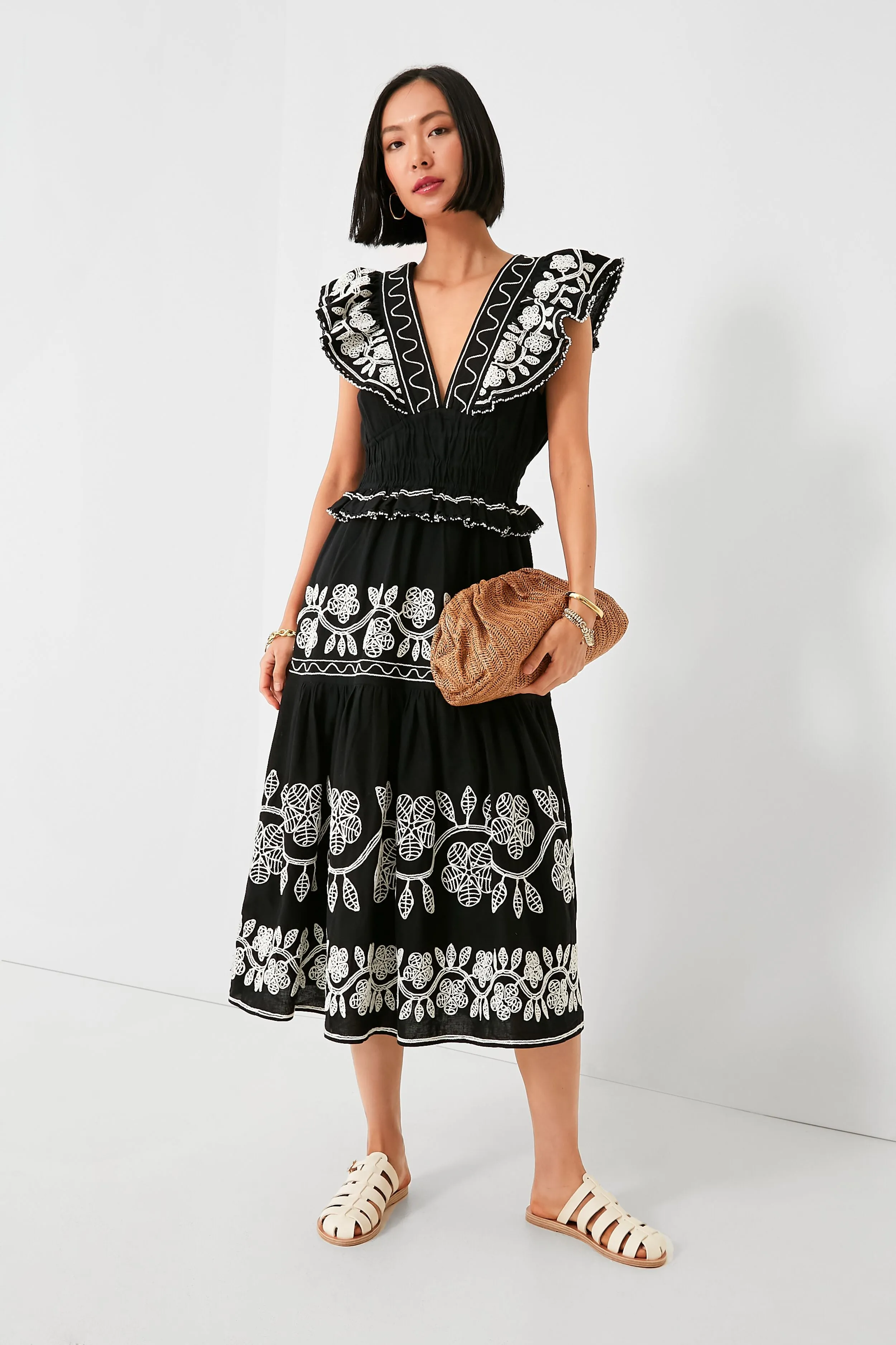 Black Beck Embroidery Flutter Sleeve V-Neck Dress