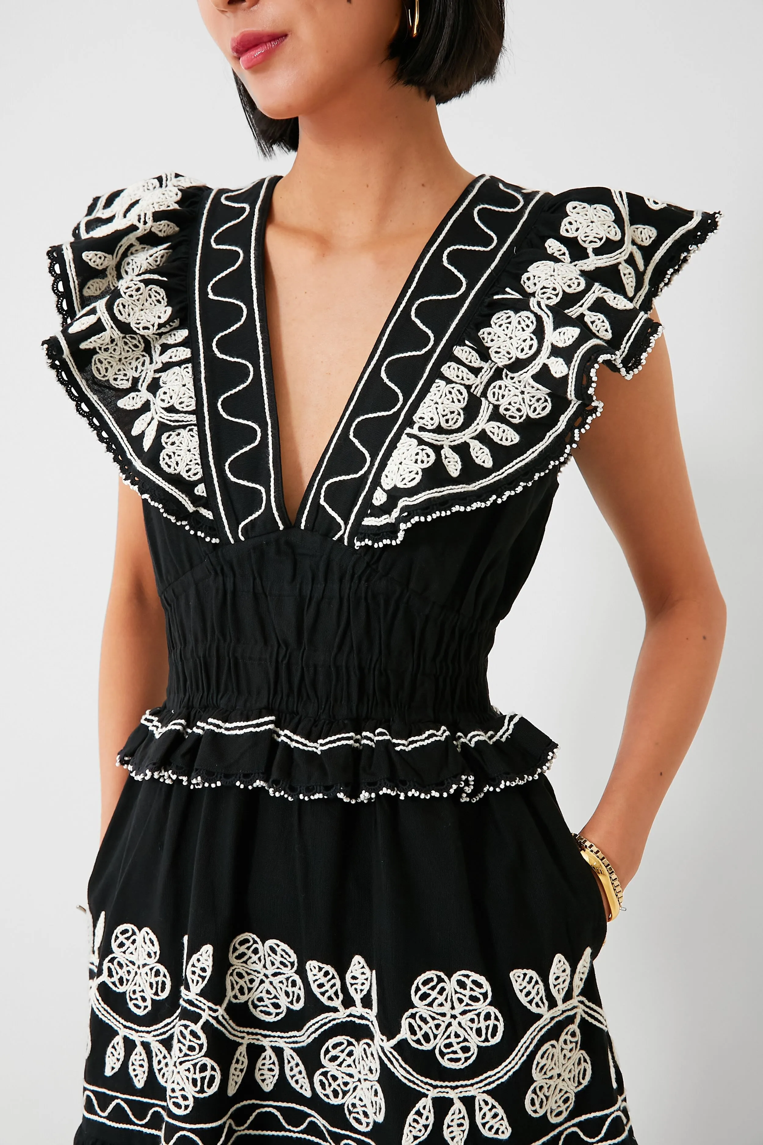 Black Beck Embroidery Flutter Sleeve V-Neck Dress