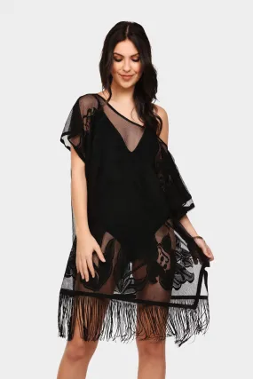 Black Mesh Fringe Cover Up