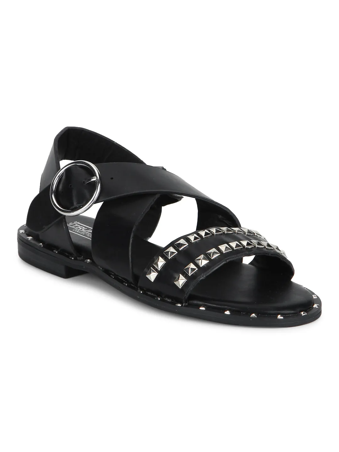 Black PU Crossover Strap Studded Flat Sandals