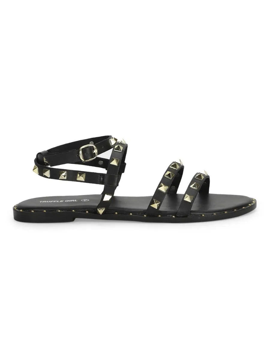 Black PU Studded Flat Sandals