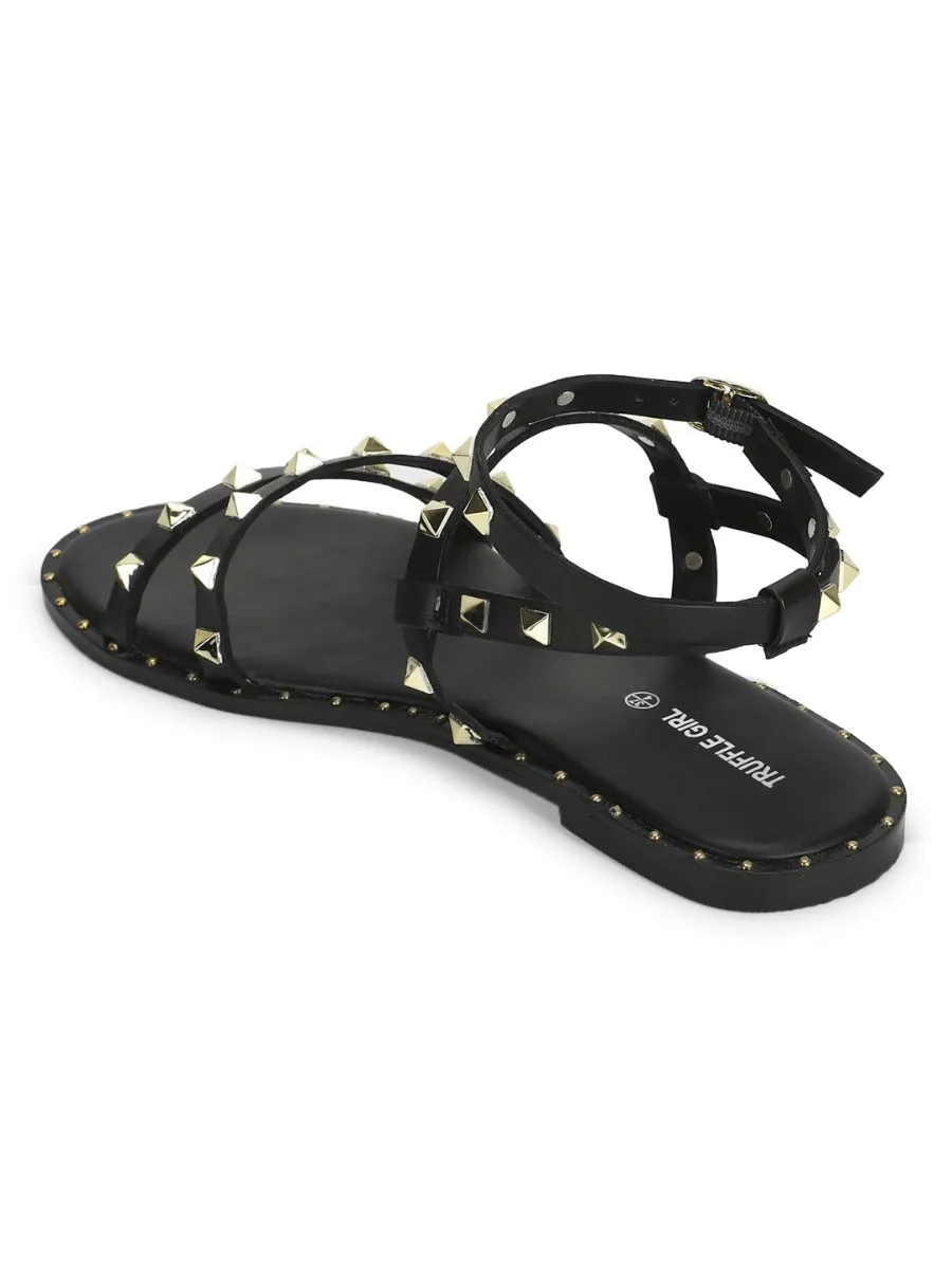 Black PU Studded Flat Sandals