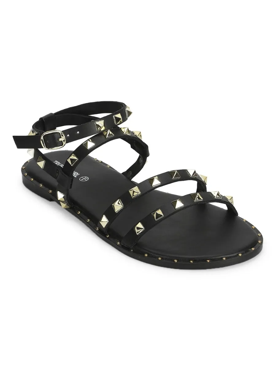 Black PU Studded Flat Sandals